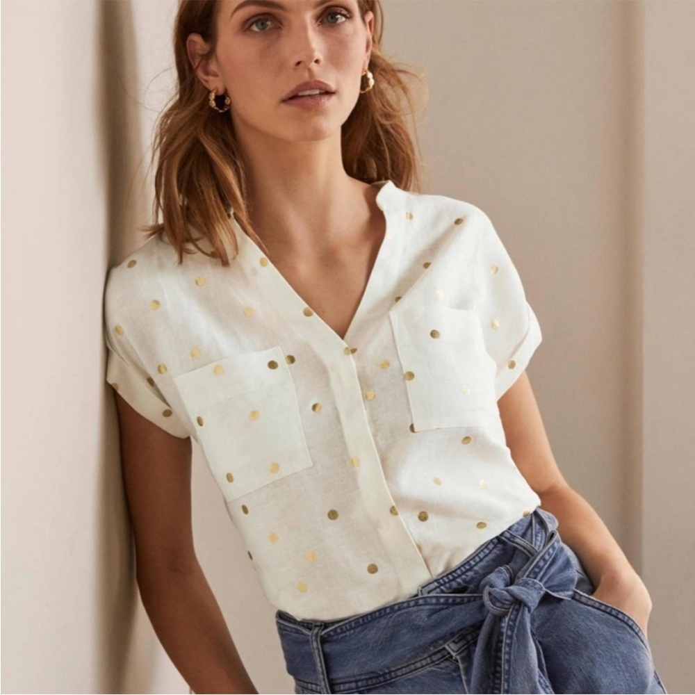 BODEN evie linen polka dot button front shirt white gold plus size 20/22 - Picture 2 of 11